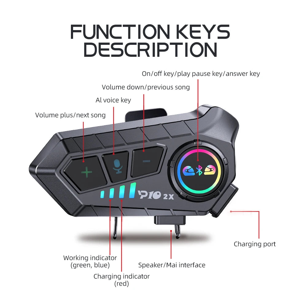 Intercomunicador Bluetooth Y10 2X para Motociclistas – Comunicación y Música sin Límites