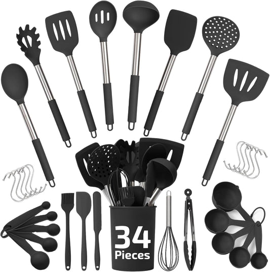 Set de utensilios de cocina premium de silicona y acero inoxidable – 34 piezas