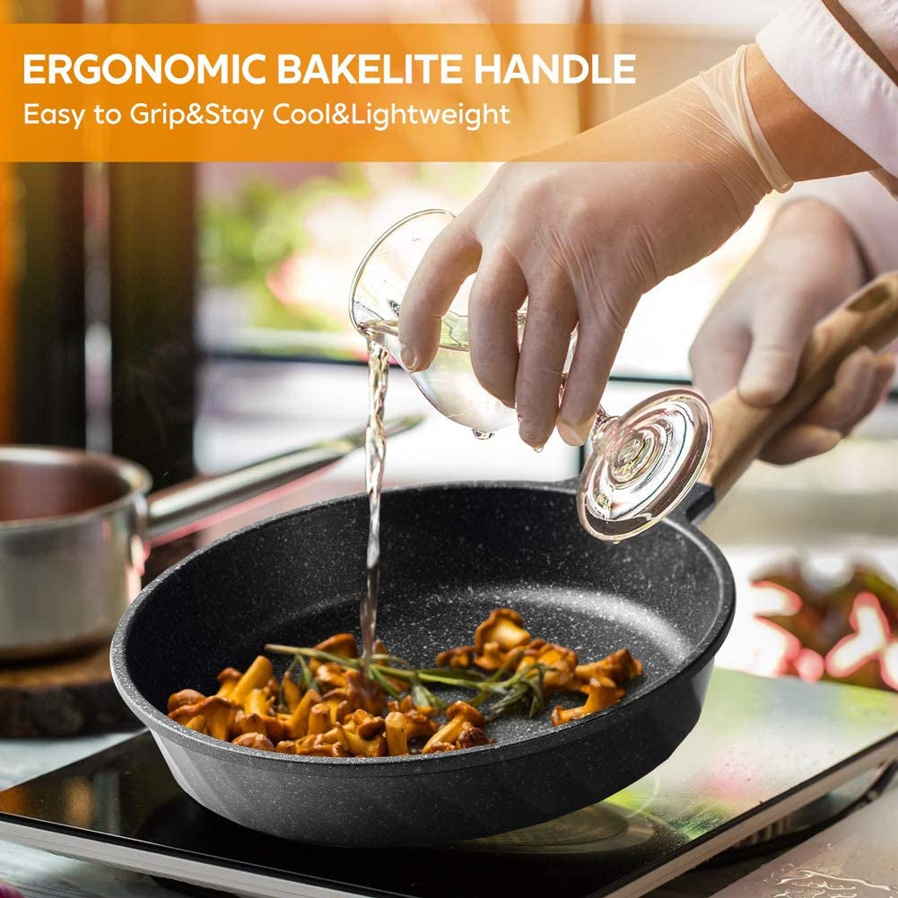 Set de sartenes antiadherentes de piedra – 3 piezas con mango de madera ergonómico