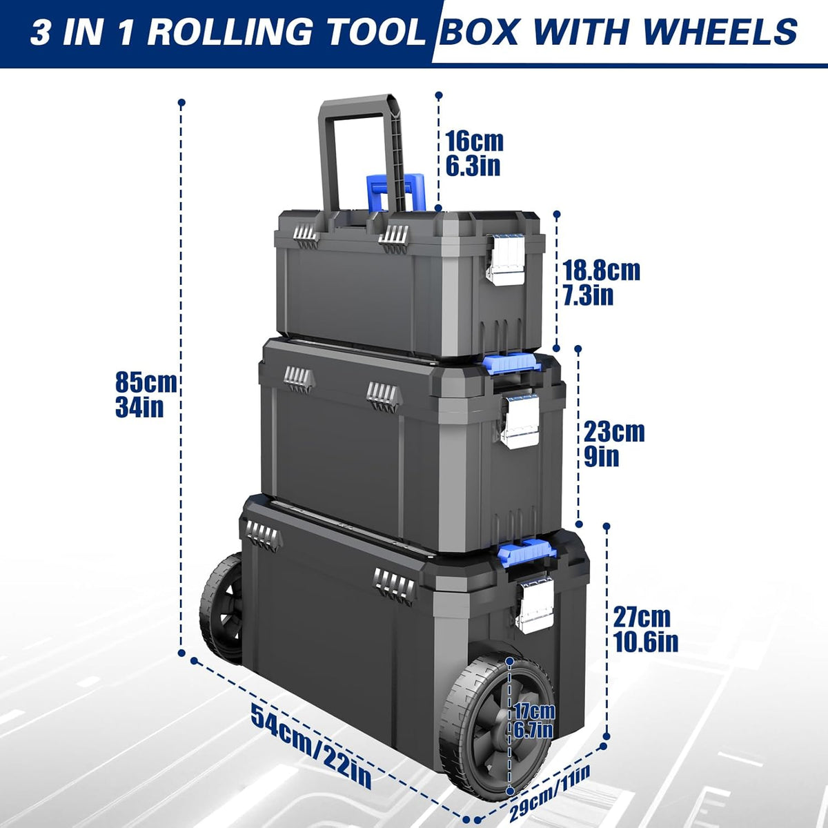 Caja de herramientas modular con ruedas – sistema 3 en 1 apilable y portátil