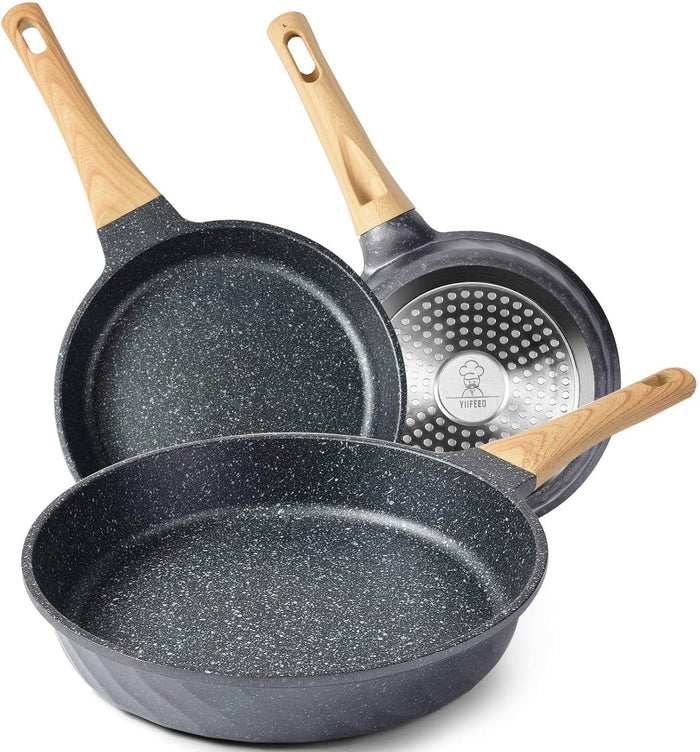 Set de sartenes antiadherentes de piedra – 3 piezas con mango de madera ergonómico
