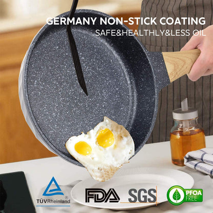Set de sartenes antiadherentes de piedra – 3 piezas con mango de madera ergonómico