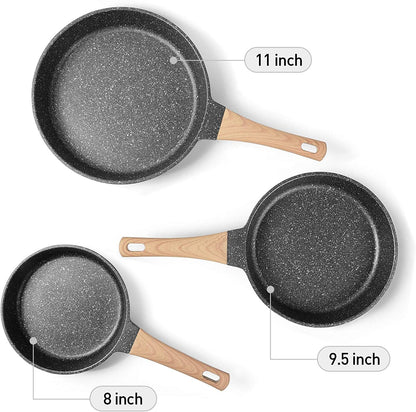 Set de sartenes antiadherentes de piedra – 3 piezas con mango de madera ergonómico
