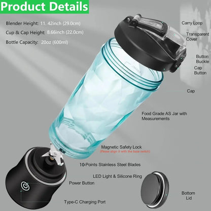 Licuadora portátil recargable – potente motor y cuchillas de acero inoxidable
