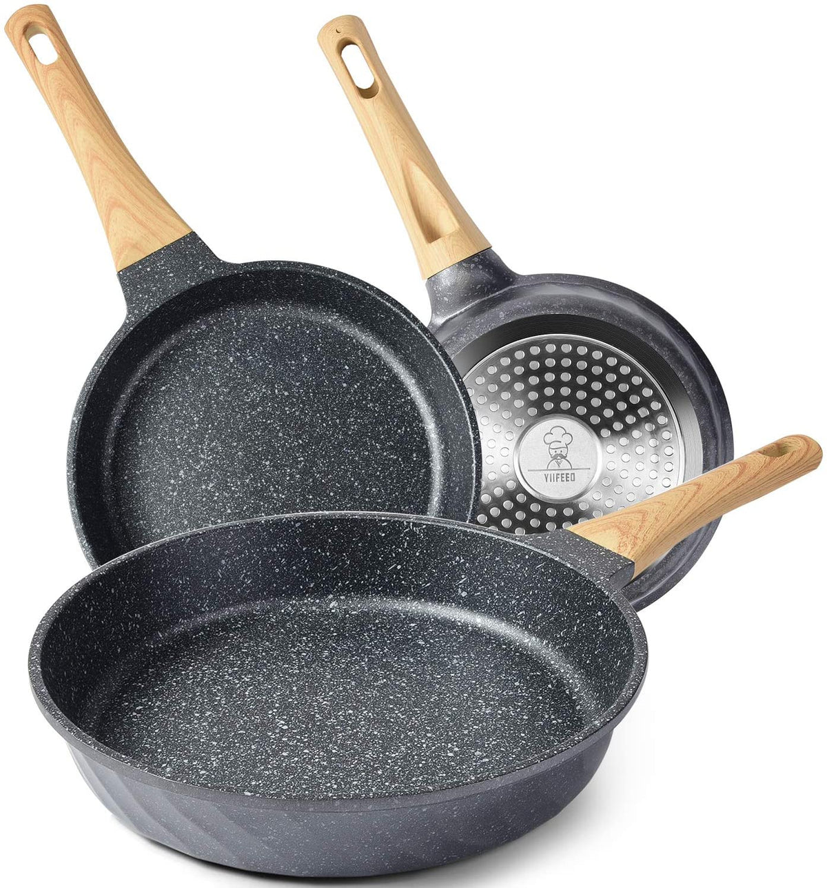 Set de sartenes antiadherentes de piedra – 3 piezas con mango de madera ergonómico